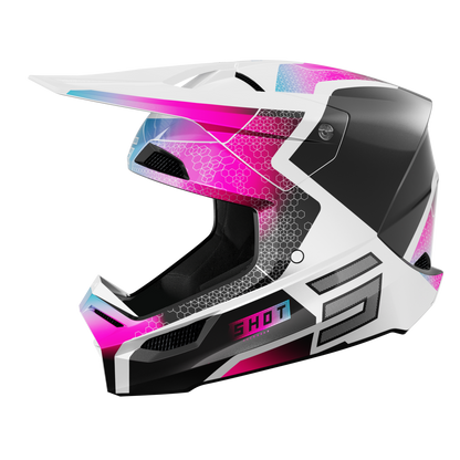 Shot MX Crosshelm Kinderen Furious Kid Phaser Zwart / Blauw / Roze Pearly 2025 Collectie