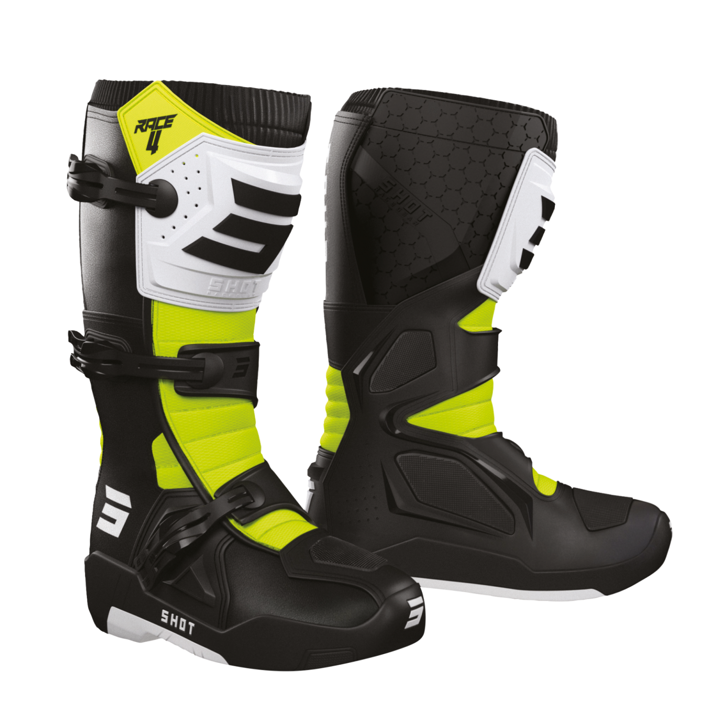 Bottes MX Cross Shot Race 4 Adulte Noir/Blanc/Jaune Fluo Collection 2025