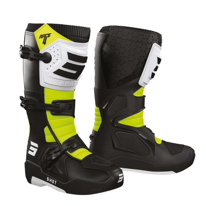 Bottes MX Cross Shot Race 4 Adulte Noir/Blanc/Jaune Fluo Collection 2025