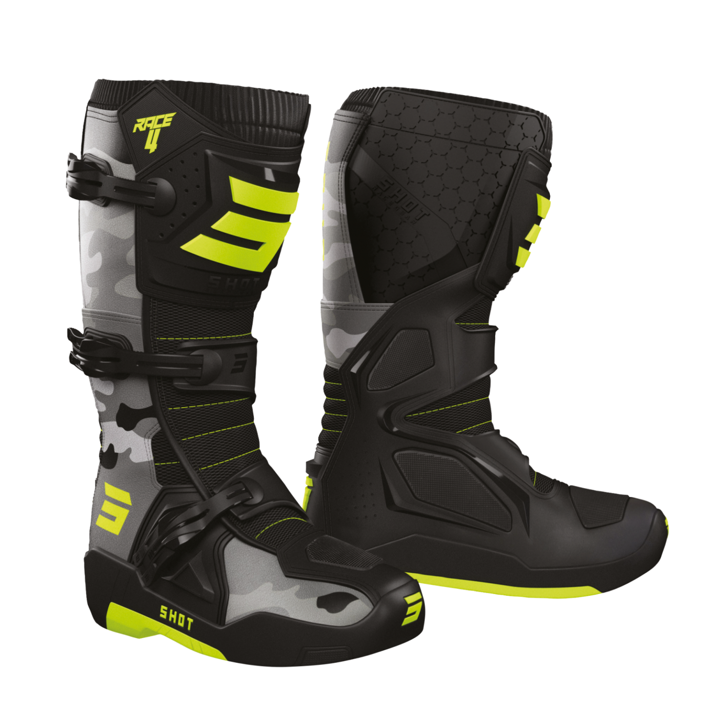 Bottes MX Cross Shot Race 4 Adulte Camo / Jaune Fluo Collection 2025